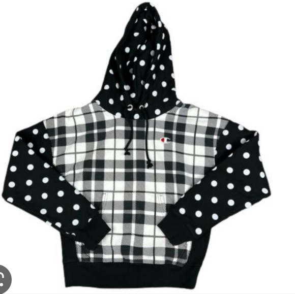 Champion X Urban Outfitters Reverse Weave Hoodie Black/White Polka Dot/ Plaid - Picture 1 of 6